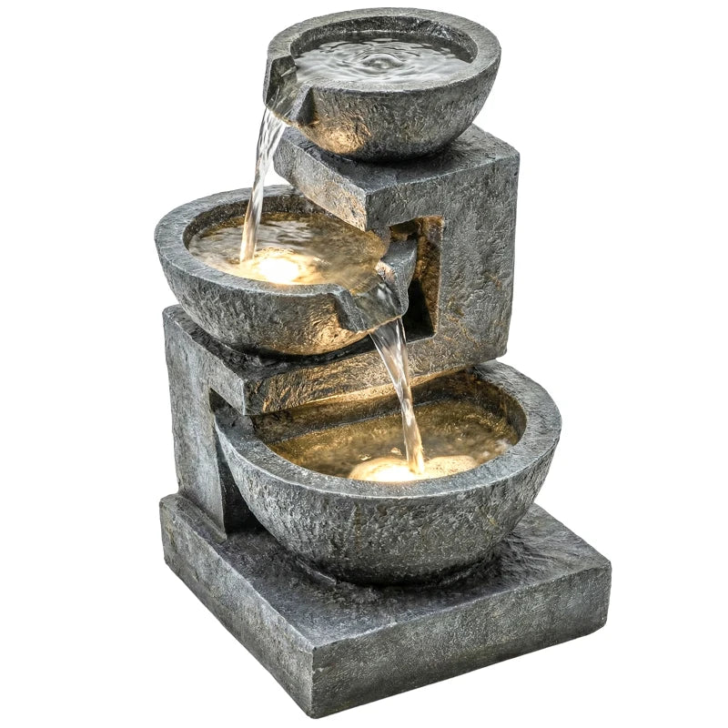 3-Tier Outdoor Water Fountain, Garden Waterfall Fountain with LED Lights and Pump, Indoor Freestanding Resin Waterfall