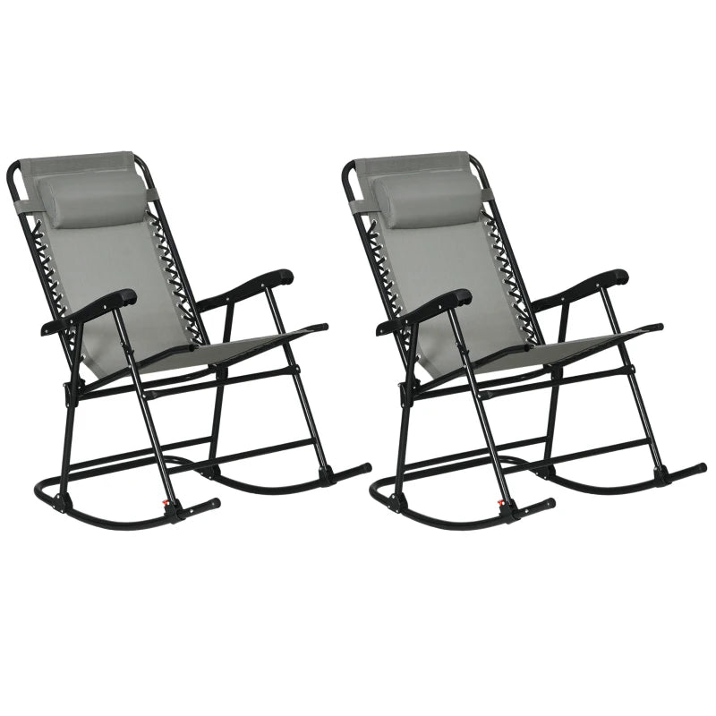 2pc Patio Foldable Rocking Chair Set w/ Breathable Mesh Seat & Backrest, Headrest for Park, Backyard, Garden, Grey