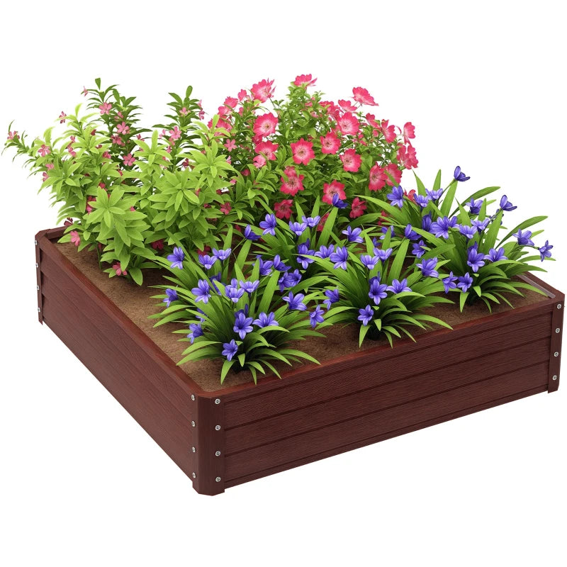 4' x 4' x 1' Raised Garden Bed Galvanized Steel Planter Box for Vegetables, Flowers, Herbs, Dark Brown Wood Effect