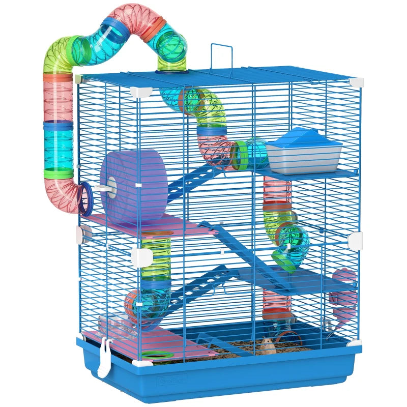 5 Tiers Hamster Cage Portable with Exercise Wheels Play Tube Water Bottle Dishes House Ladder for Gerbils, Dark Blue