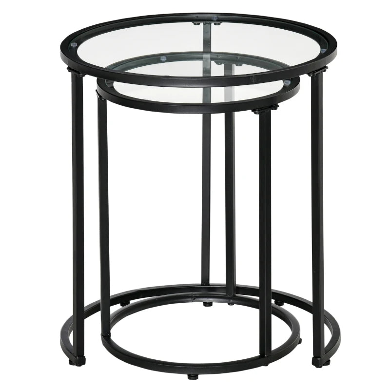 Set of 2 Nesting Coffee Tables with Metal Base, Round Side Table with Tempered Glass Tabletop for Living Room, Bedroom, Black