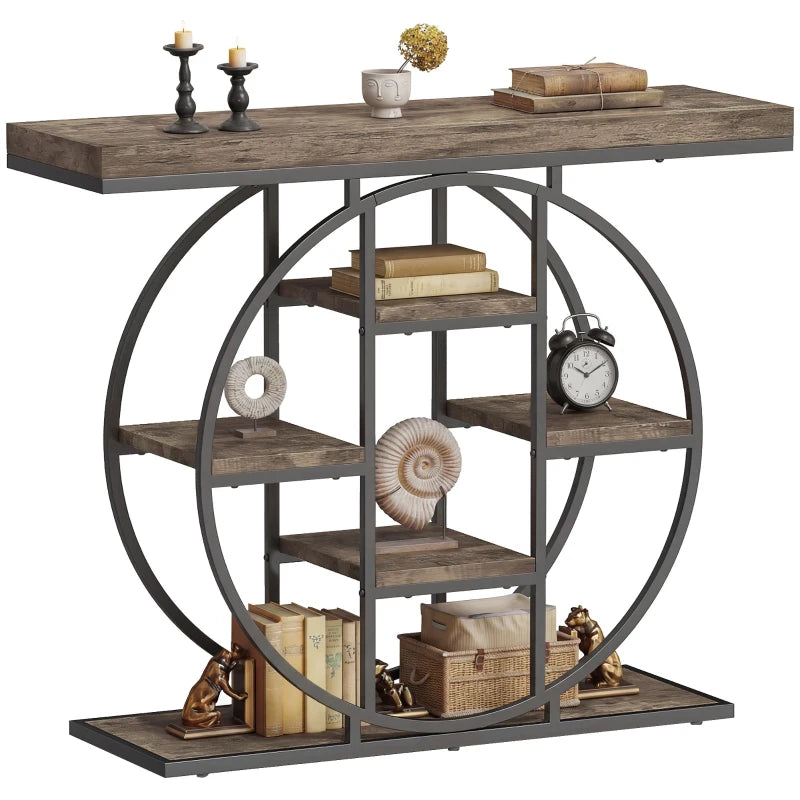 39.4" Console Table with Storage Shelves, Industrial Sofa Table for Living Room, Hallway, Rustic Brown