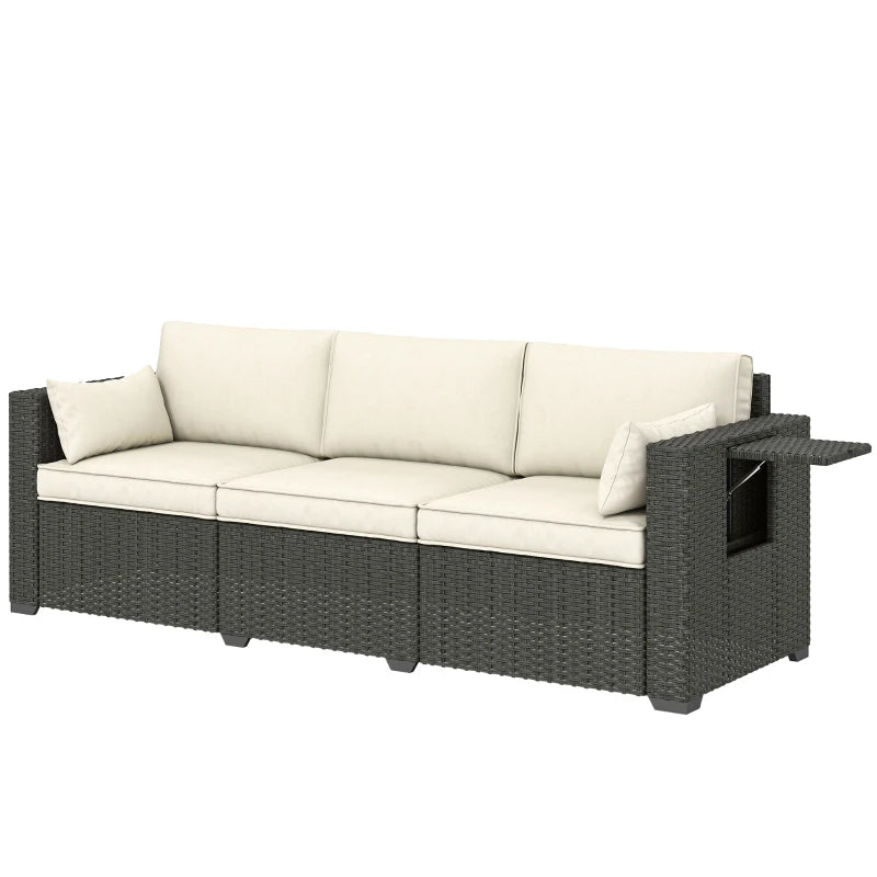 3 Seater Wicker Patio Sofa with Side Trays, Outdoor Couch with 6" Thick Back Cushions, Deep Seating, Cream White