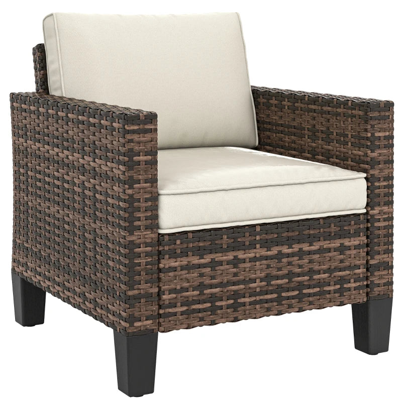 Single Outdoor Wicker Chair, Rattan Patio Chair with Armrests and Cushions for Balcony, Porch, Deck, Cream White