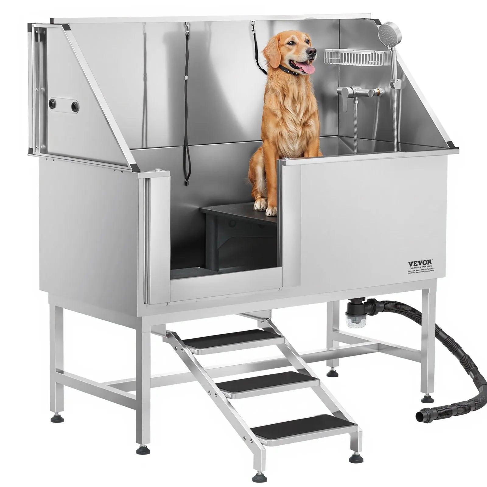 VEVOR 62 Inch Dog Grooming Bath Tub Stainless Steel w Stairs Water Filter Left