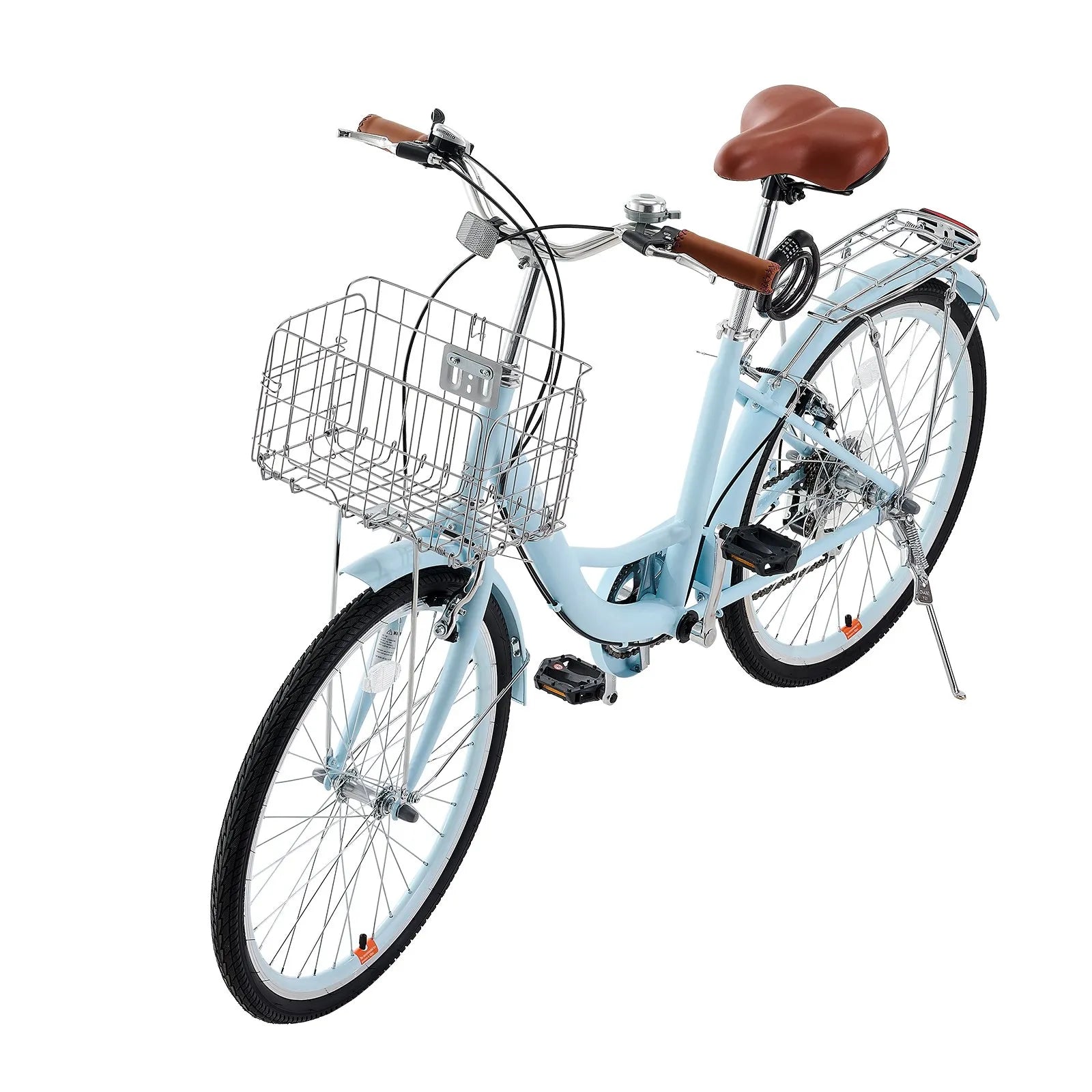 VEVOR 24-Inch Cruiser Bike 7-Speed Light Blue Beach Cruiser Bike with Basket