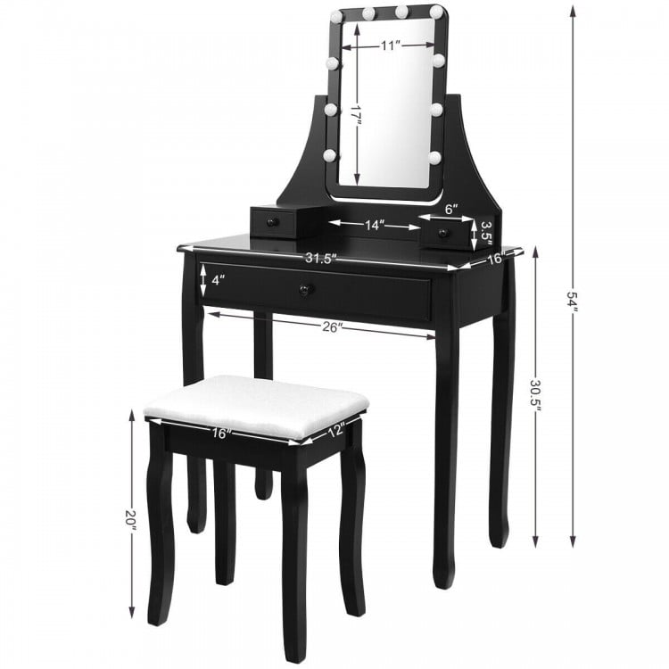 10 LED Lighted Mirror and 3 Drawers Vanity Table Set-Black