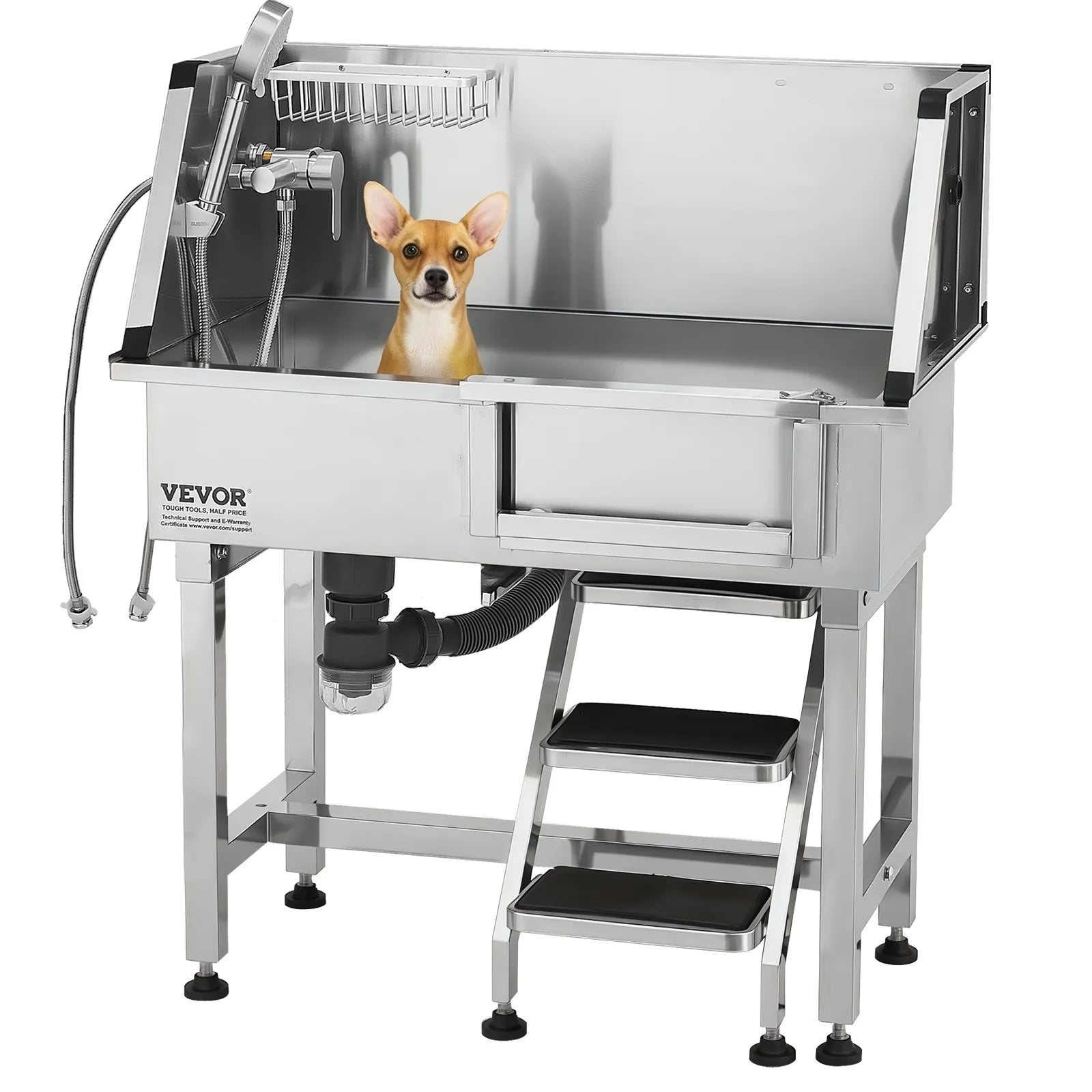 VEVOR 34" Dog Grooming Bath Tub Stainless Steel w Stairs Faucet Showerhead