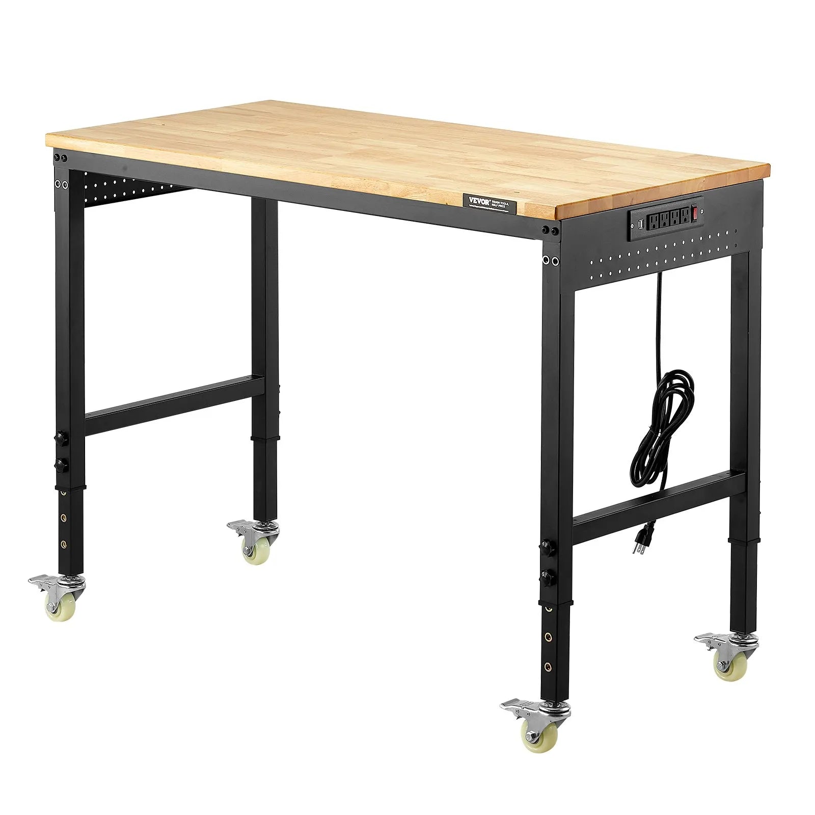 VEVOR 48" Workbench on Wheels Adjustable Height Table with Power Outlet & Pegboard