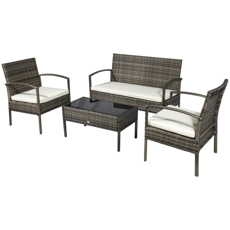 4 Pieces Patio Furniture Sets with A Loveseat, Two Armchairs and A Coffee Table, Outdoor Conversation Set with Glass Top Table, Grey PE Rattan and Cream White Cushions