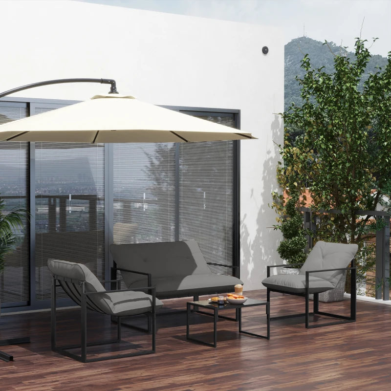 4 Piece Outdoor Furniture Set, Patio Conversation Set with Tempered Glass Table, Loveseat, 2 Chairs and Cushions, Grey