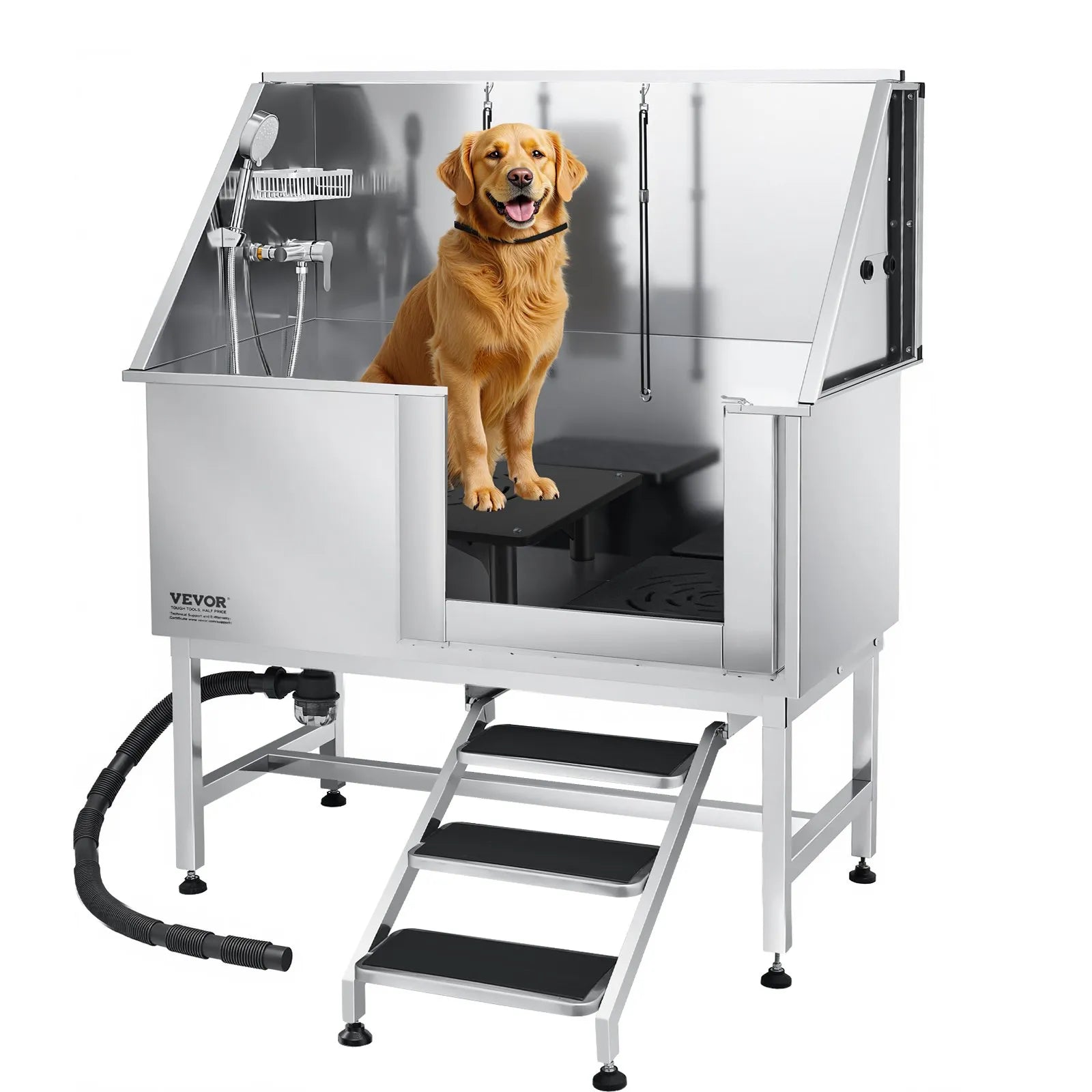 VEVOR 50 Inch Dog Grooming Bath Tub Stainless Steel w Stairs Water Filter