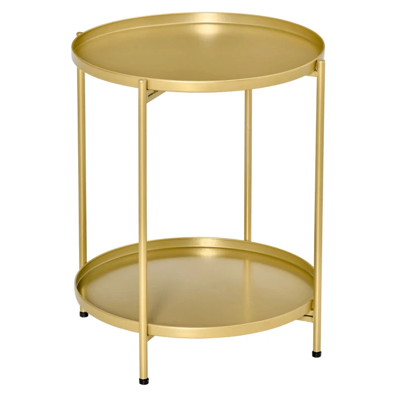 2-Tier Gold Side Table, Round Nightstand with Removable Trays Folding Metal Frame Adjustable Foot End Table for Living Room Bedroom
