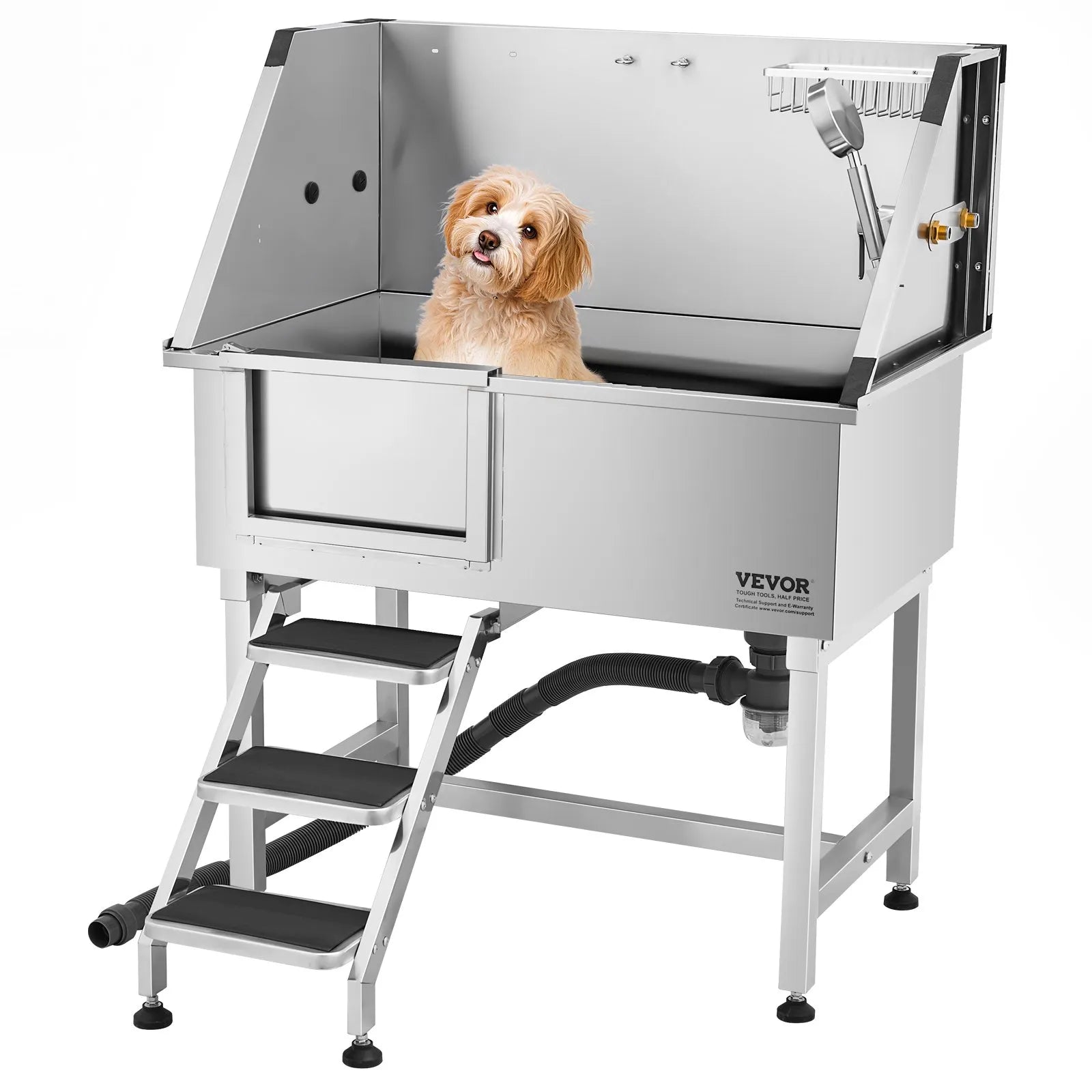VEVOR 38" Dog Grooming Bath Tub Stainless Steel w/ Stairs Faucet Left Door