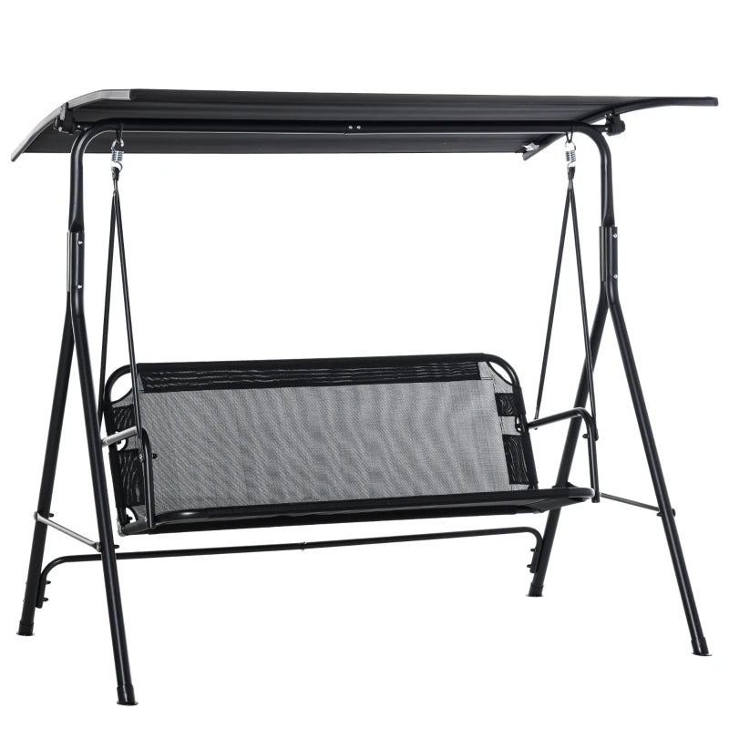 2-Person Porch Swing Chair, 2 Seater Patio Swing Bench w/ Adjustable Canopy, Breathable Seat for Garden, Poolside, Black