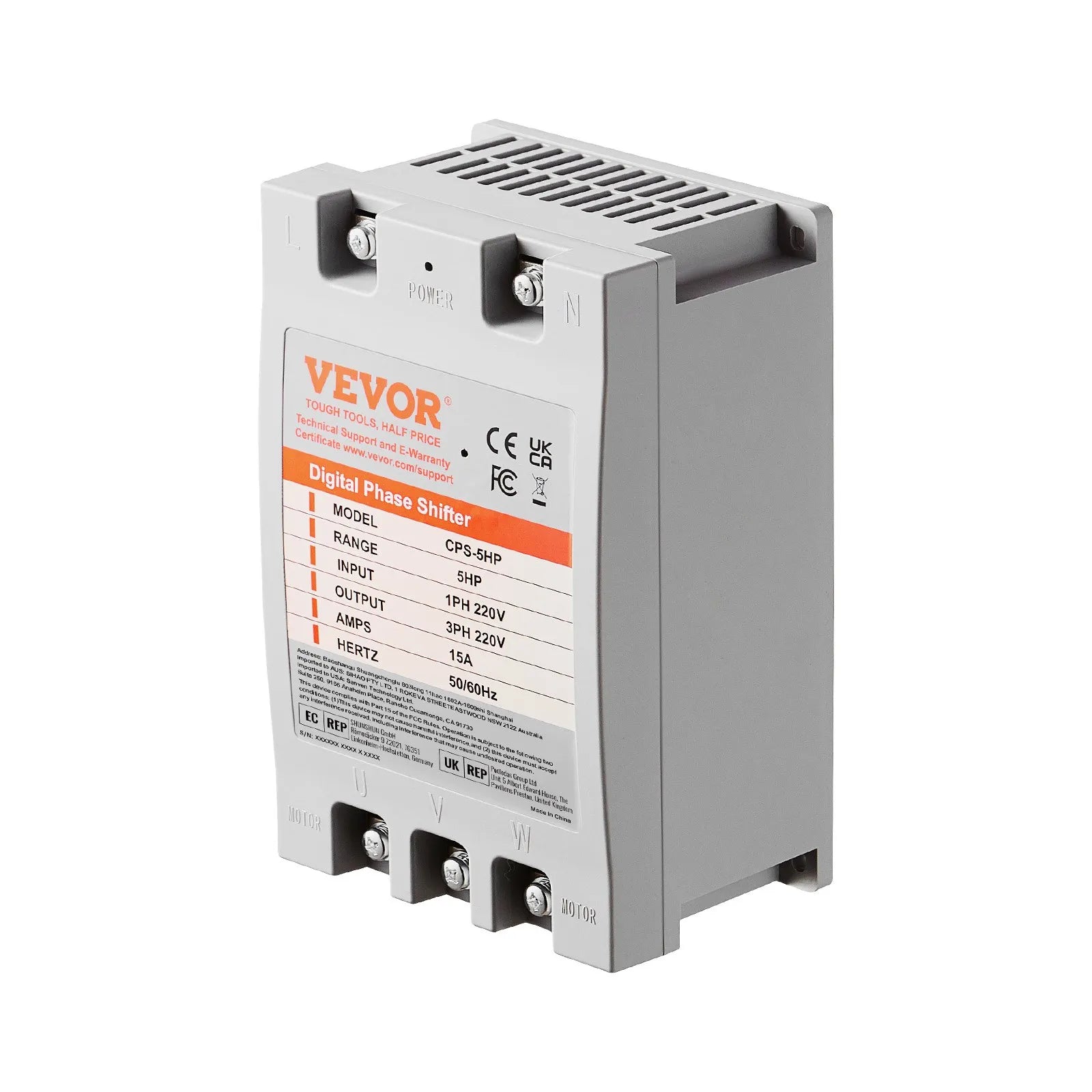 VEVOR 3 Phase Converter - 5HP 15A 220V Single Phase to 3 Phase Converter, Digital Phase Shifter for Residential and Light Commercial Use, 220V-240V Input/Output (One Converter for One Motor Only)
