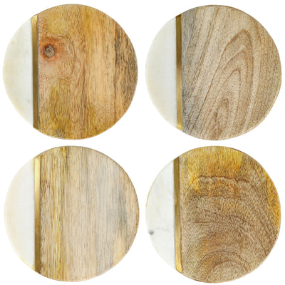 Laurie Gates White Marble and Mango Wood Round 4 Piece Coaster Set - Free Shipping 