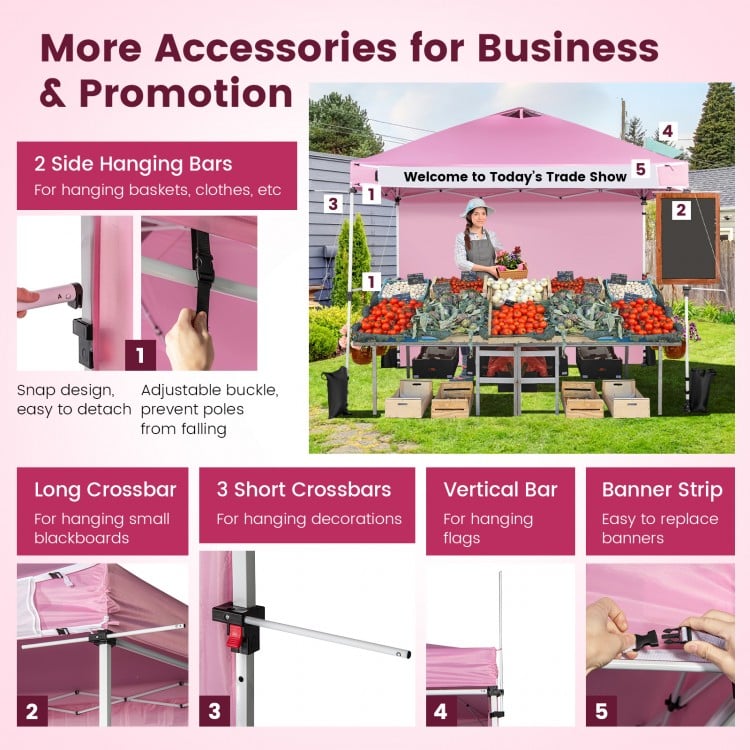 10 x 10 Feet Foldable Commercial Pop-up Canopy with Roller Bag and Banner Strip-Pink