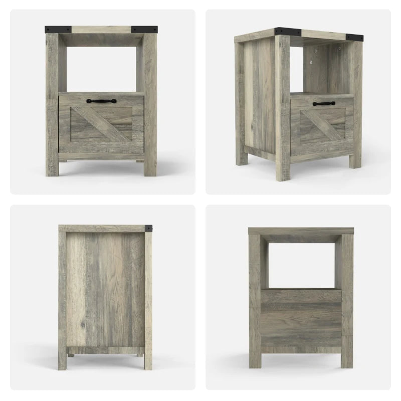 Small Side Table with Storage, Farmhouse End Table with Drawer, Open Shelf and Barn-style Panel, Nightstand for Living Room, Bedroom, Grey