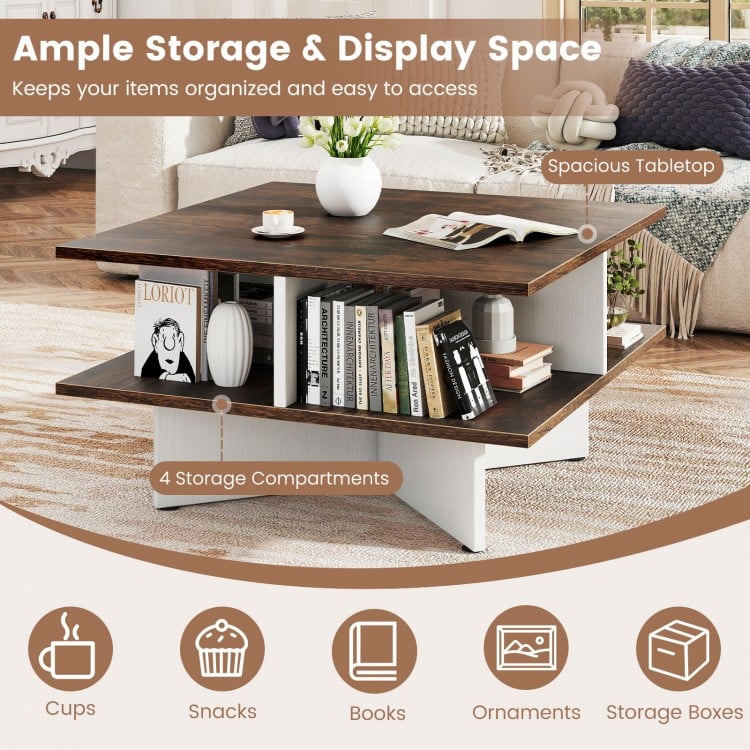 2-Tier Square Coffee Table with 4 Storage Compartments-Rustic Brown