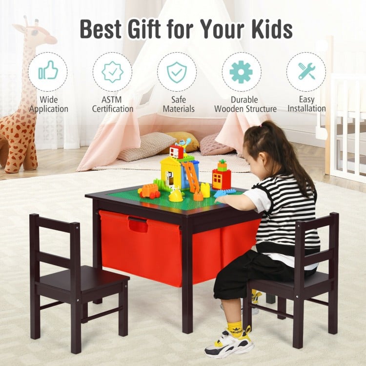 2-in-1 Kids Double-sided Activity Building Block Table with Drawers-Brown