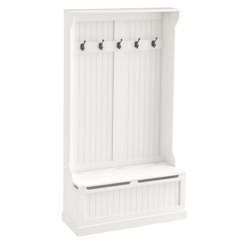 3-In-1 Hall Tree w/ Coat Rack, Shoe Storage and Bench Seat, Entryway Bench w/ 4 Hooks for Hallway, Living Room, White