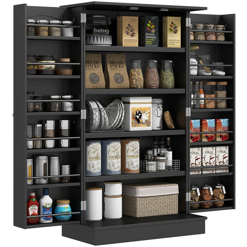41" Kitchen Pantry Cabinet with 5-tier Shelving, 12 Spice Racks, Anti-Tipping, 2-Door Storage Cabinet with 3-Level Adjustable Shelves, Black