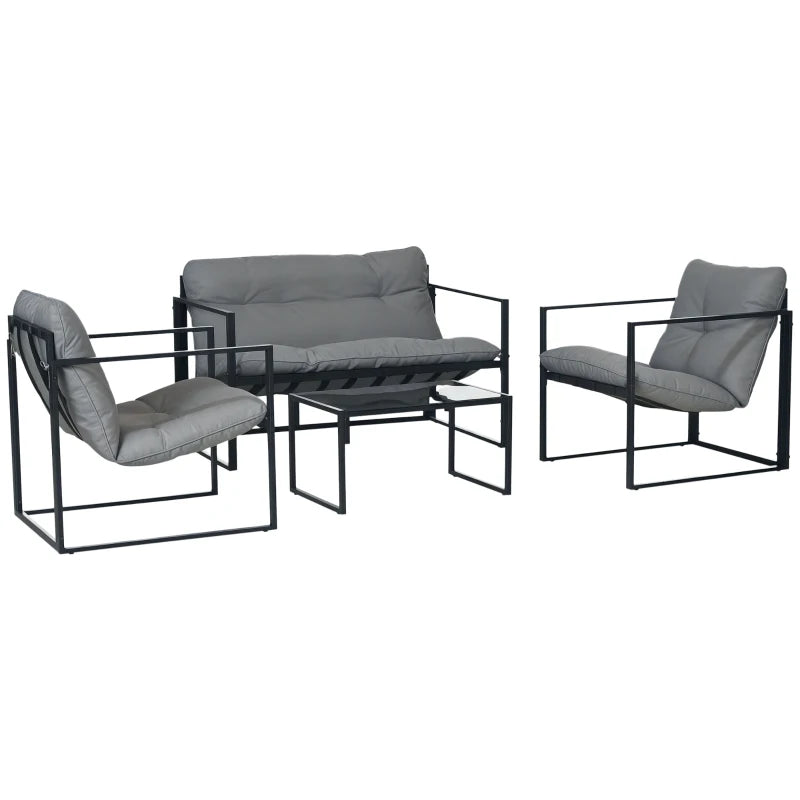 4 Piece Outdoor Furniture Set, Patio Conversation Set with Tempered Glass Table, Loveseat, 2 Chairs and Cushions, Grey