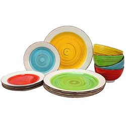 Gibson Home Confetti Band 12 Piece Mix and Match Round Ceramic Dinnerware Set in Assorted Colors - Free Shipping