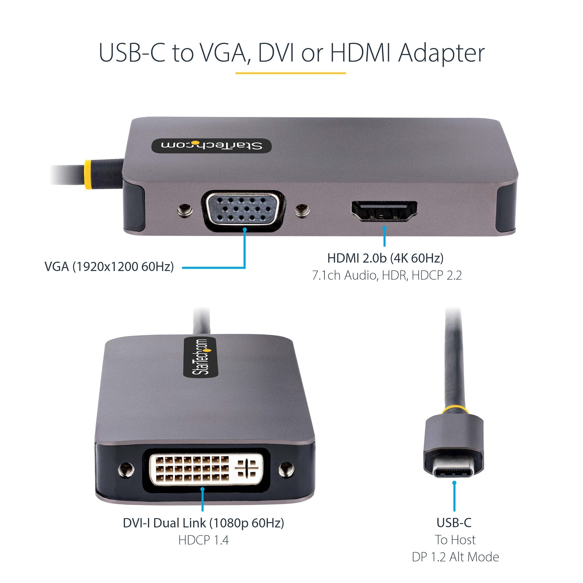 USB C Video Adapter, USB C to HDMI DVI VGA Adapter, Up to 4K 60Hz, Aluminum, Multiport Video Display Adapter, Thunderbolt 3 / 4 Compatible, USB Type C Travel Adapter 