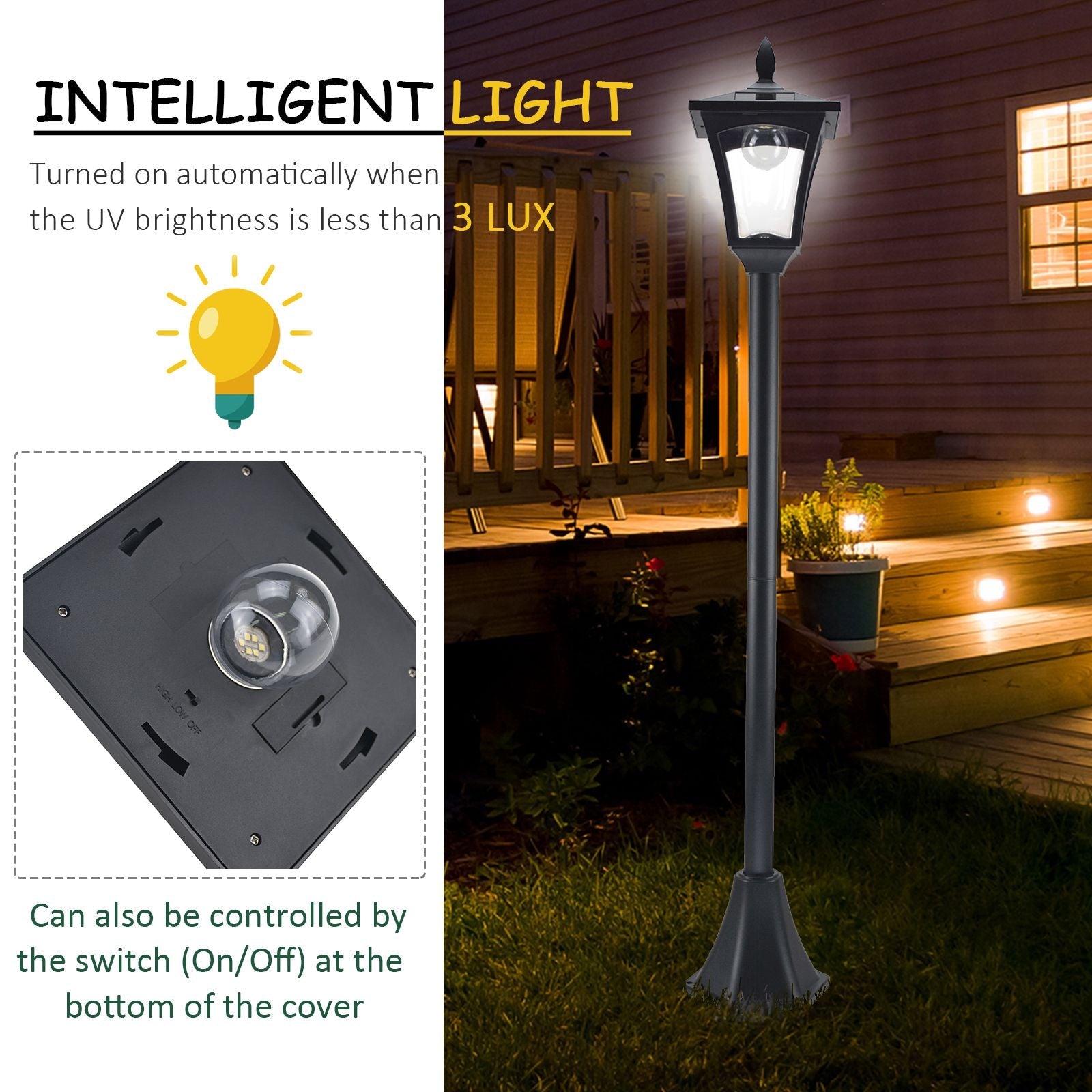 Outsunny Outdoor Garden Solar Post Lamp Light Sensor Dimmable LED Lantern Bollard Pathway Lighting 63" Tall Black 