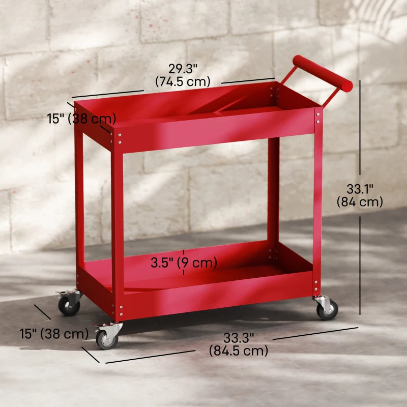 Rolling Tool Cart, 2 Tier Mobile Service Utility Cart with Wheels, Red