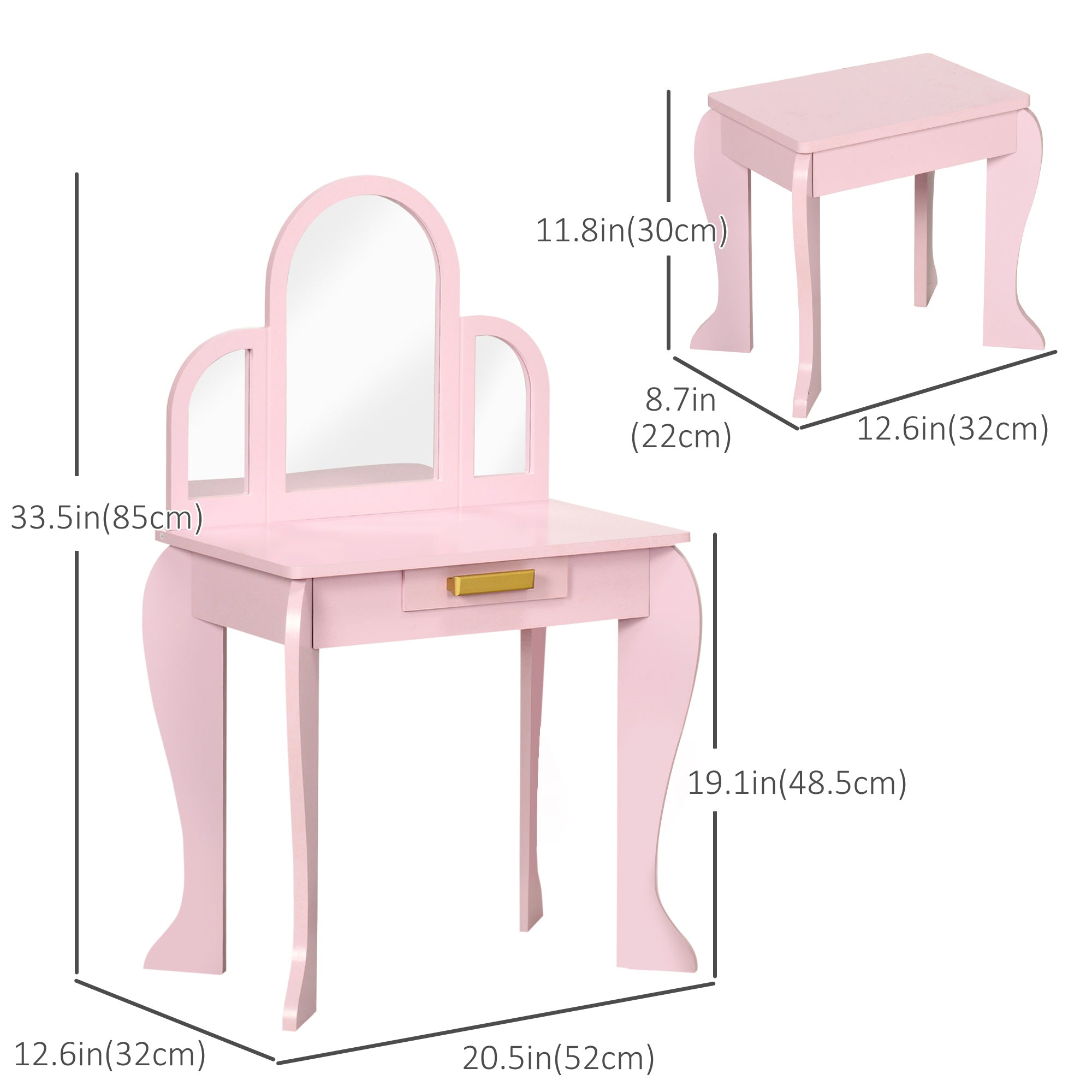 Qaba Kids Dressing Vanity: Makeup Table with Drawer, Chair for Ages 3-6, Pink 