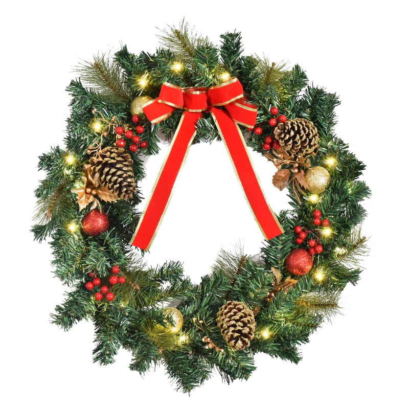 HOMCOM 24" Pre-Lit Artificial Christmas Wreath – Green Spruce with Cones, Red Berries & 20 LED Lights, Battery Operated 