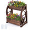 2-tier Raised Garden Bed Rustic Wood Wagon Planter with Drainage Holes and Semi-wheels-Coffee
