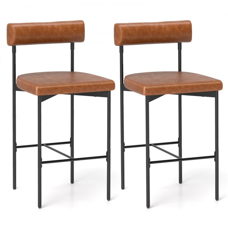 26 Inch Upholstered Bar Stools Set of 2 Counter Height Bar Chairs with  Backrest-Brown