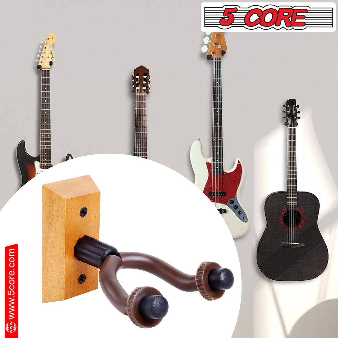 5Core Guitar Wall Mount Hanger 2Pack U-Shaped Wood Guitar Wall Hook Stand