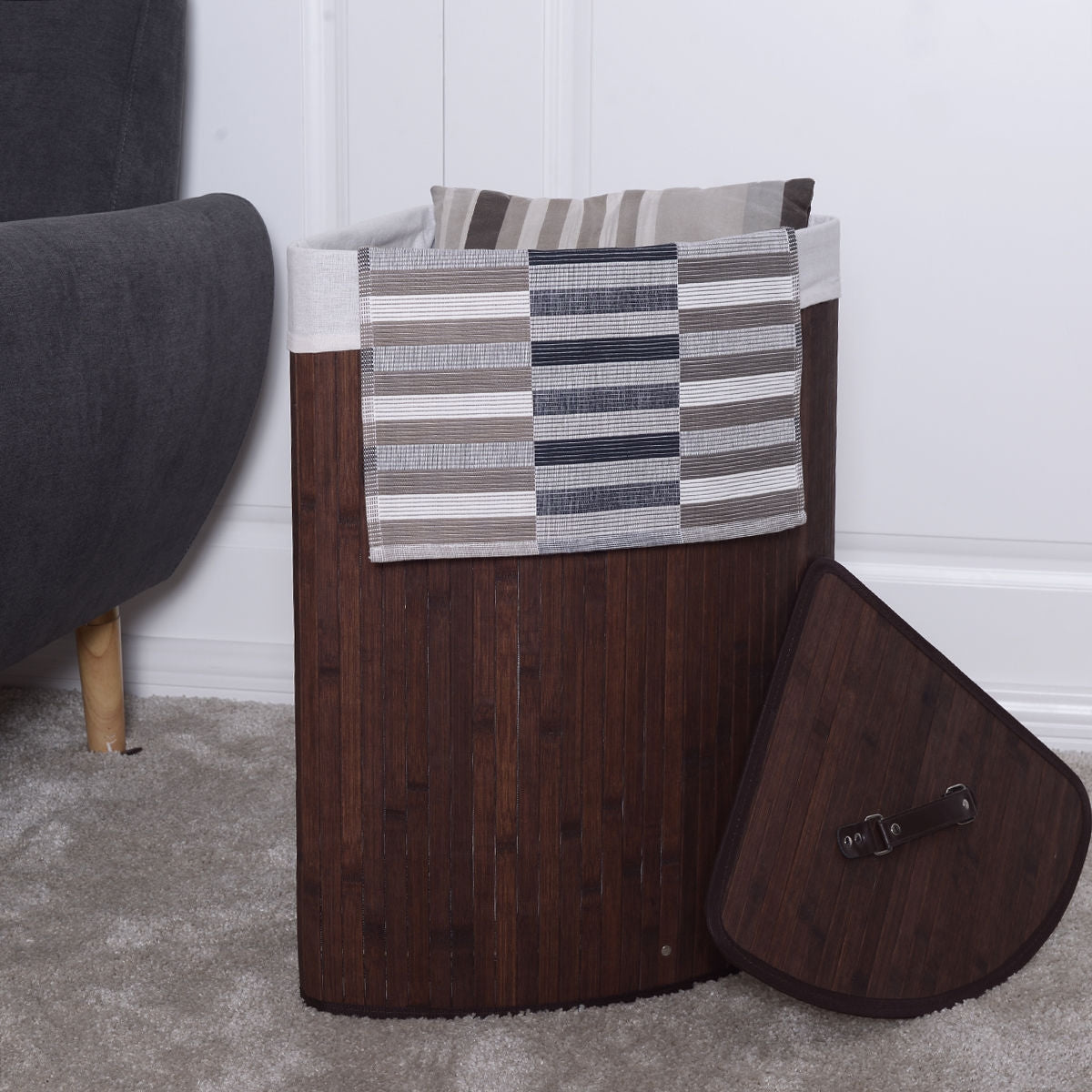 Corner Bamboo Hamper Laundry Basket-BrownÂ 