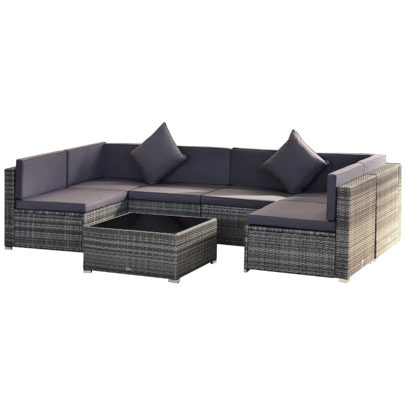 Outsunny 7pc Garden Wicker Sectional Set w/ Tea Table Patio Rattan Lounge Sofa with Cushion, Dark Grey