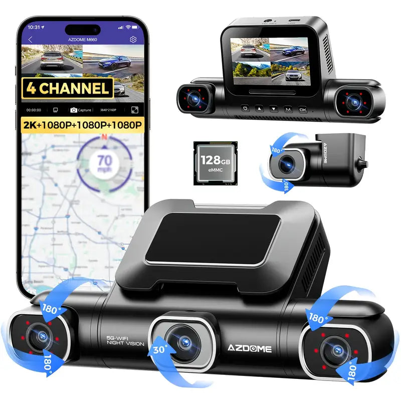 AZDOME M660 4 Channel 360° Dash Cam with 128GB eMMC, 2.5K+1K+1K+1K Dashcam 