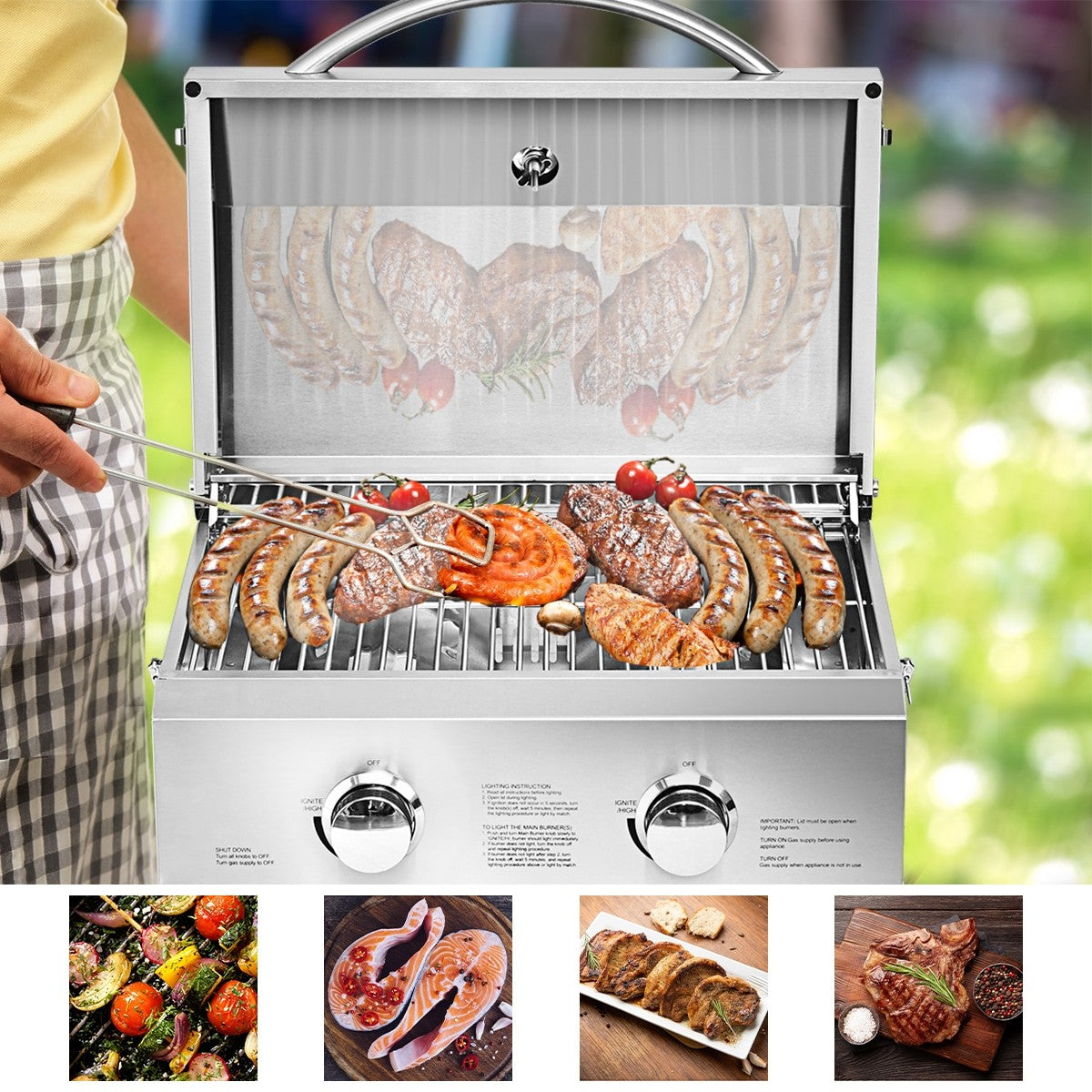 Propane TableTop Gas Grill Stainless Steel Two-Burner BBQ