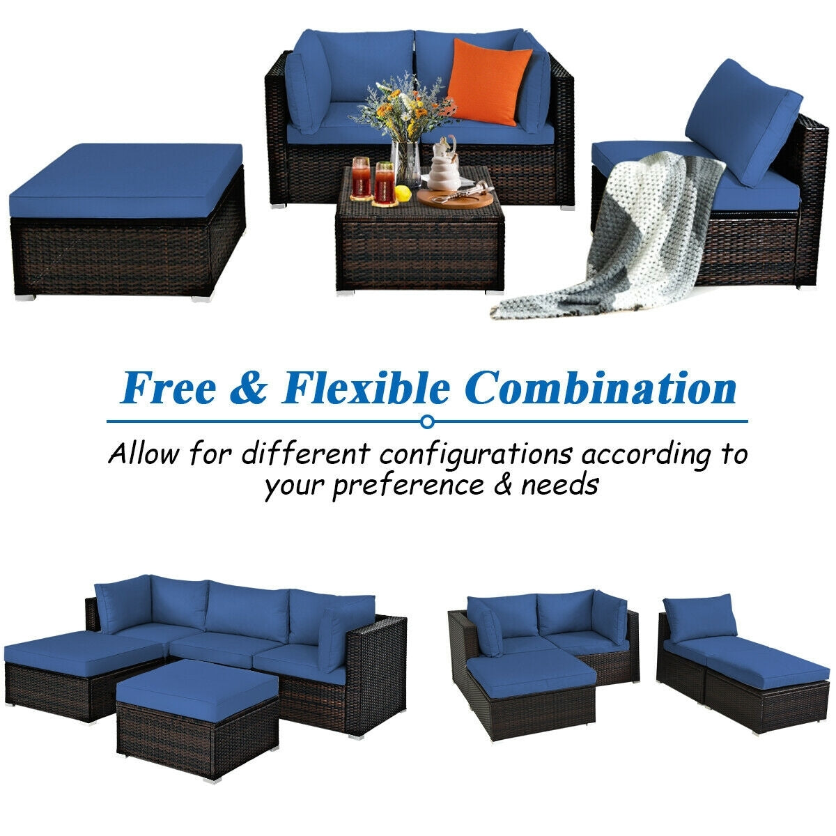 5 Pieces Patio Rattan Sofa Set with Cushion and Ottoman-Navy