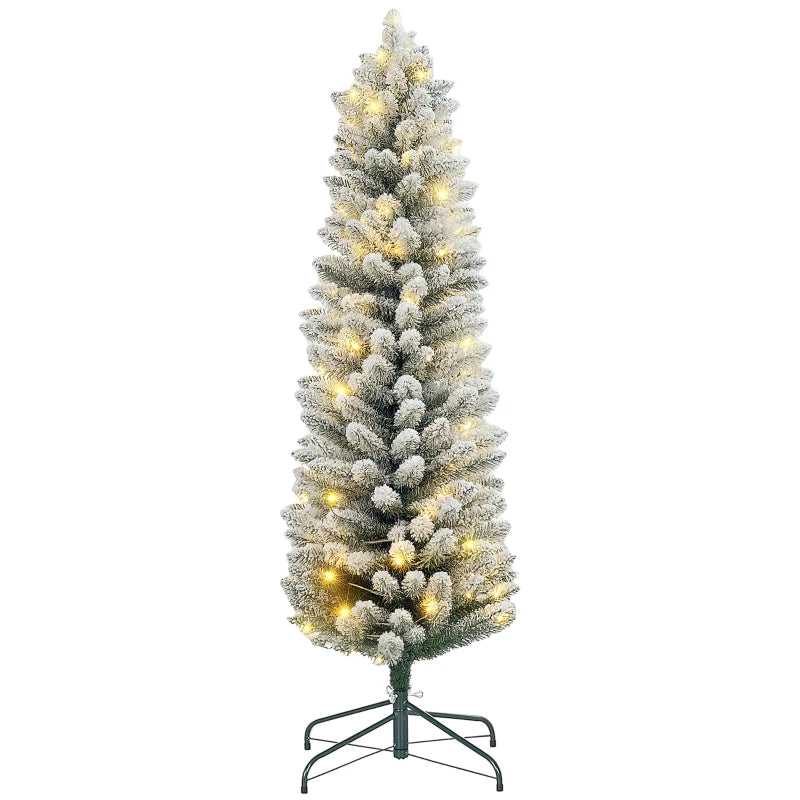 HOMCOM 5FT Prelit Pencil Christmas Tree with Warm White LED Lights, Slim Artificial Snow Flocked Xmas Tree with Metal Base 