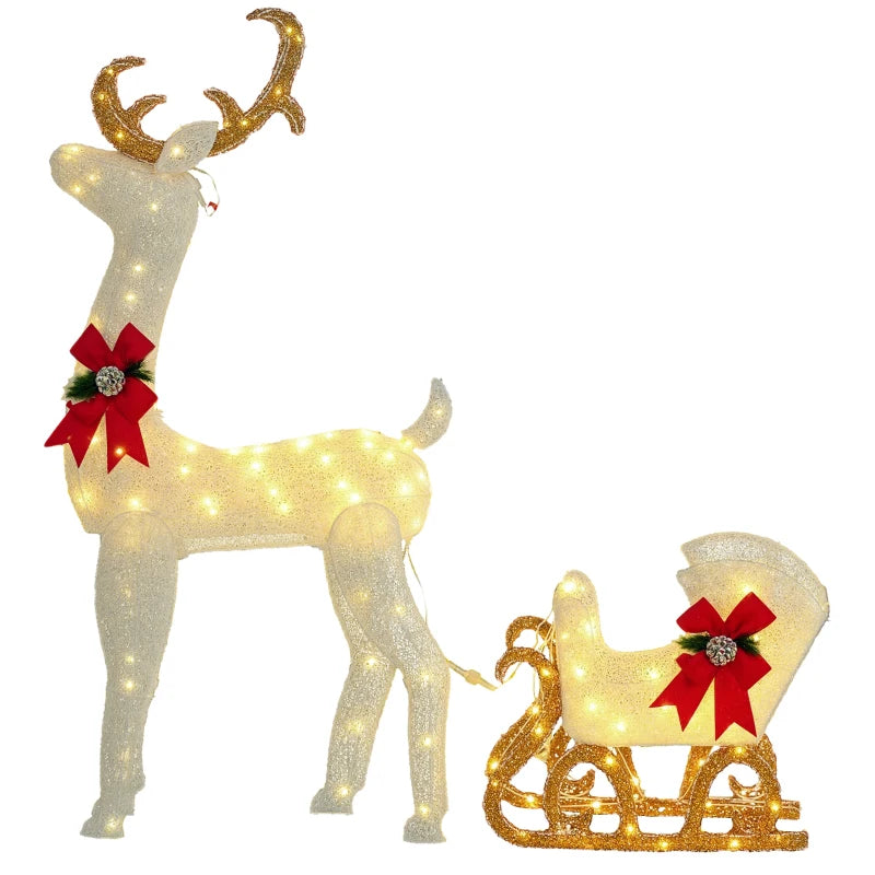 Outsunny Outdoor Lighted Christmas Reindeer Decoration with 170 LED Lights, White Holiday Yard Display 