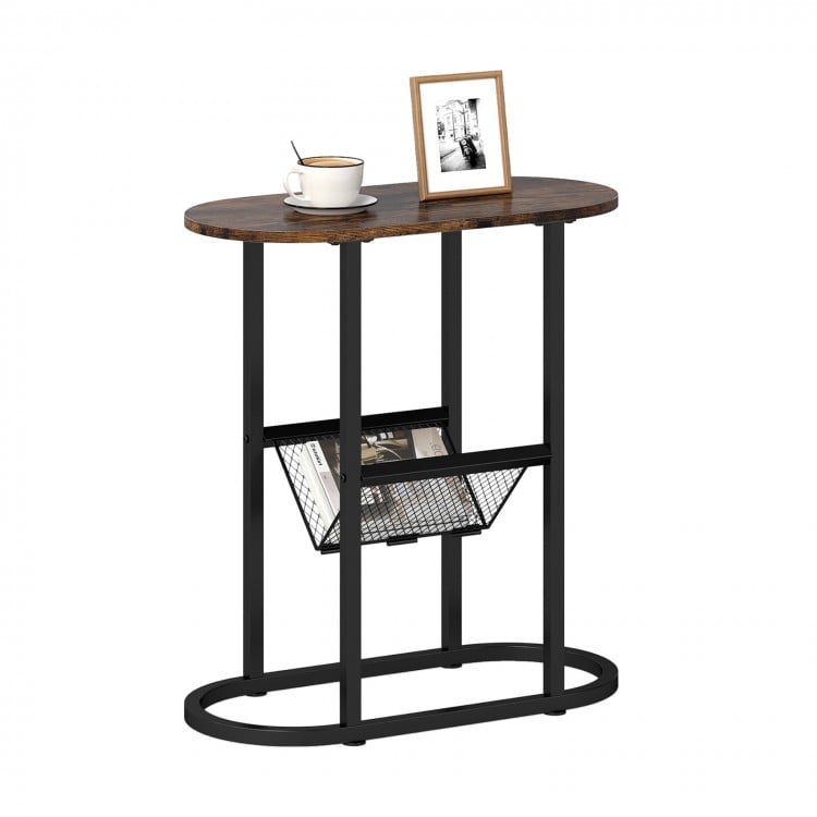 2-Tier Oval Narrow Bedside End Table-Rustic Brown