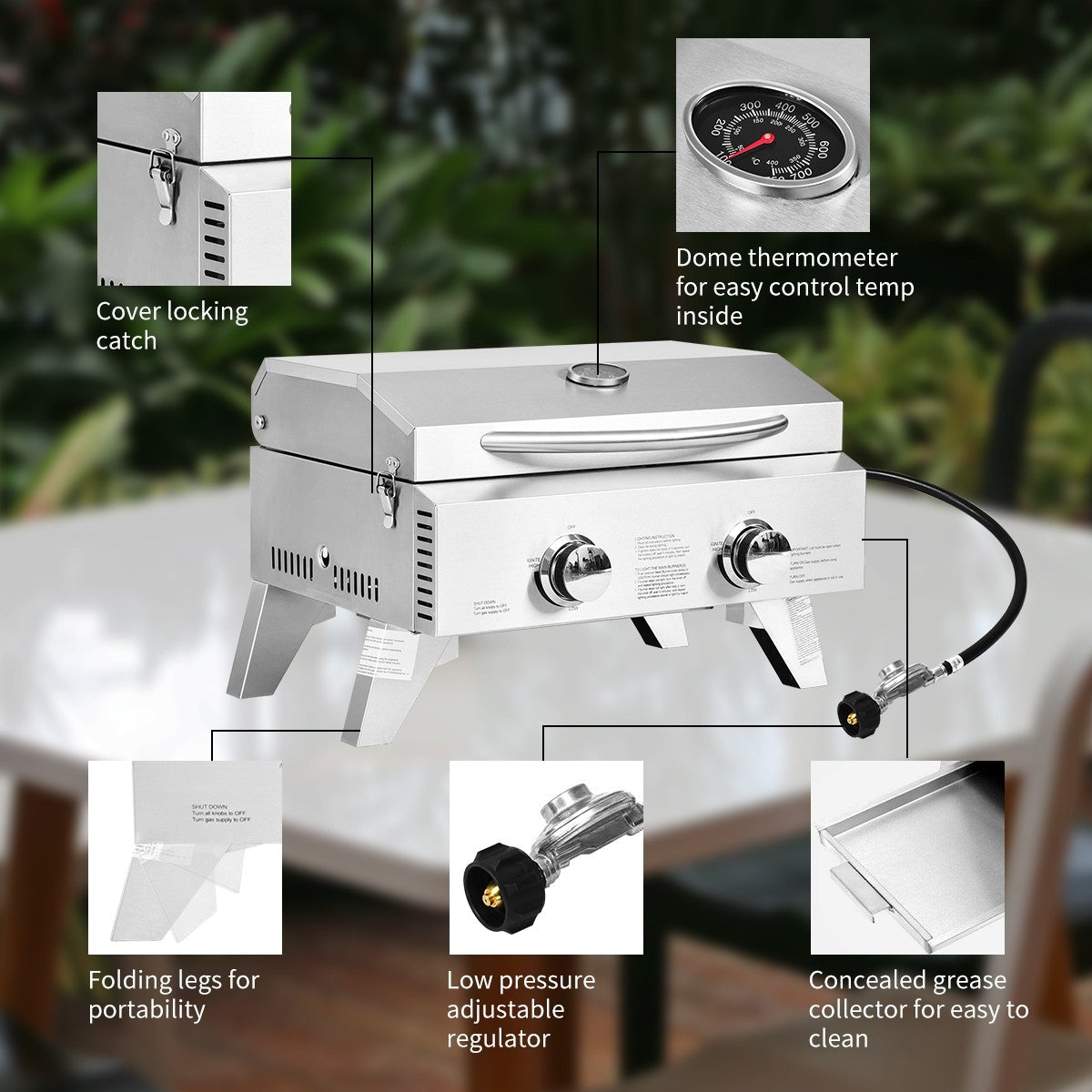 Propane TableTop Gas Grill Stainless Steel Two-Burner BBQ