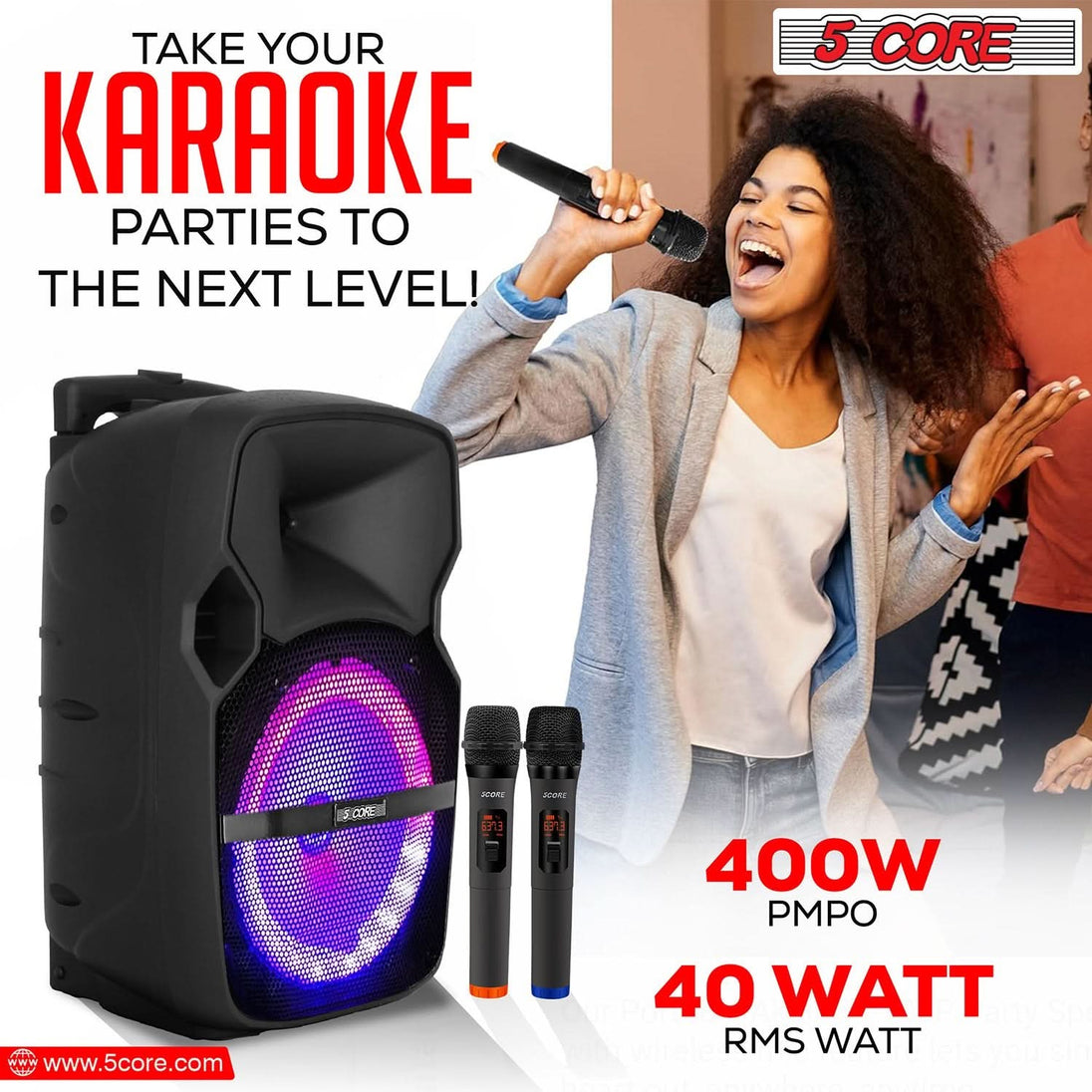 5Core 10 inch PA Portable Bluetooth Party Speaker Karaoke Boombox + 2 Wireless Mics