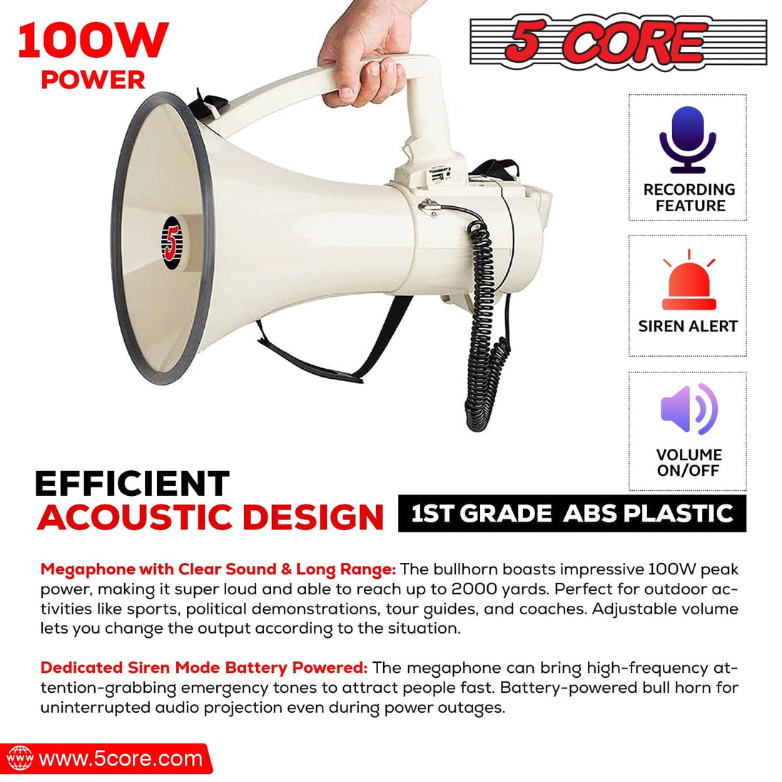 5Core Megaphone Bullhorn Speaker 100W Professional Bull Horn Battery Power Megafono 2000Yard Range