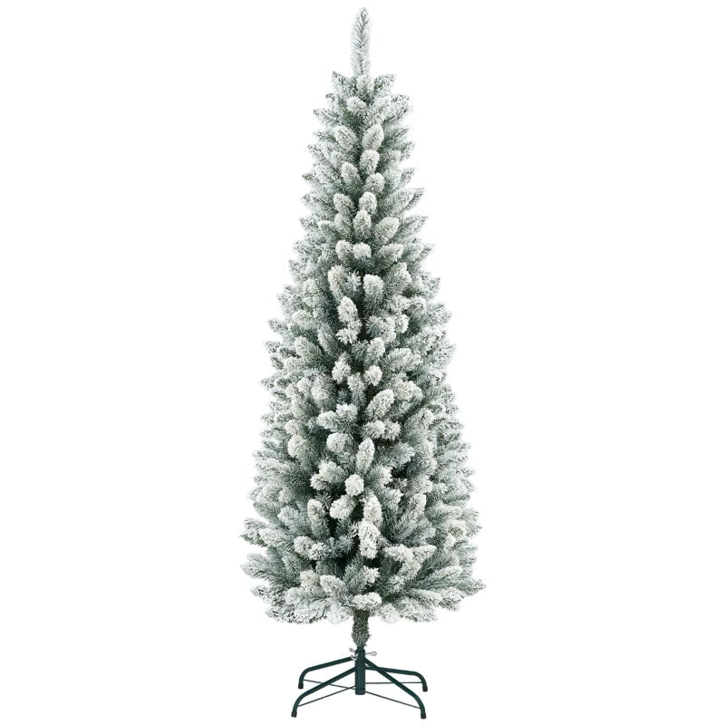 HOMCOM 6ft Pencil Flocked Christmas Tree – 479 Branch Tips with Metal Base, Indoor Holiday Decoration 