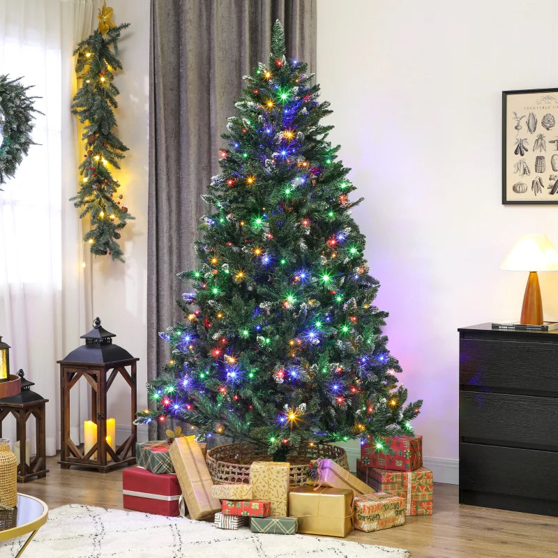 HOMCOM 6ft Frosted Pre-Lit Christmas Tree – Full Spruce with Dual Colour LED Lights, Hinged Design, Easy Assembly 